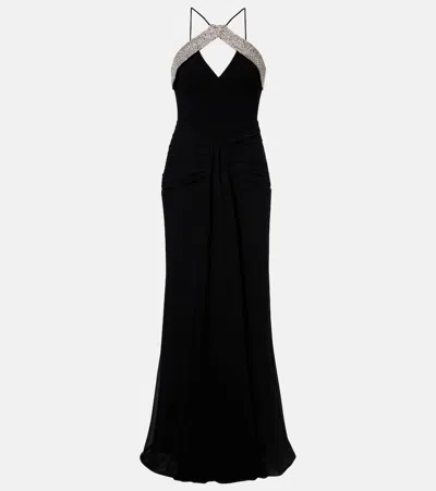 Rebecca Vallance Astros Draped Crystal-trim Halter Gown In Black