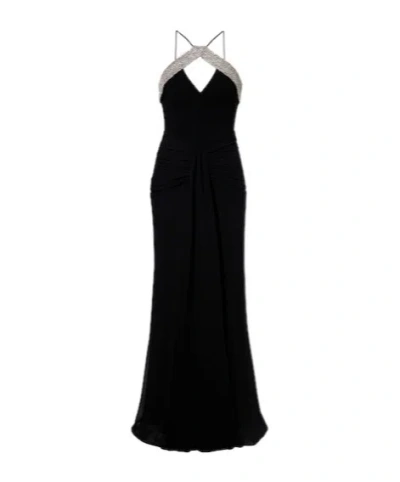 Rebecca Vallance Astros Draped Crystal-trim Halter Gown In Black