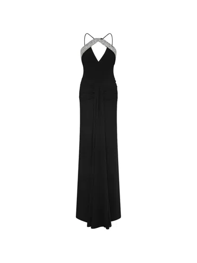Rebecca Vallance Astros Draped Crystal-trim Halter Gown In Black