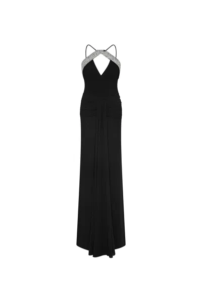 Rebecca Vallance Astros Draped Crystal-trim Halter Gown In Black
