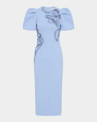 Rebecca Vallance Aylin Embroidered Puff-sleeve Midi Dress In Blue