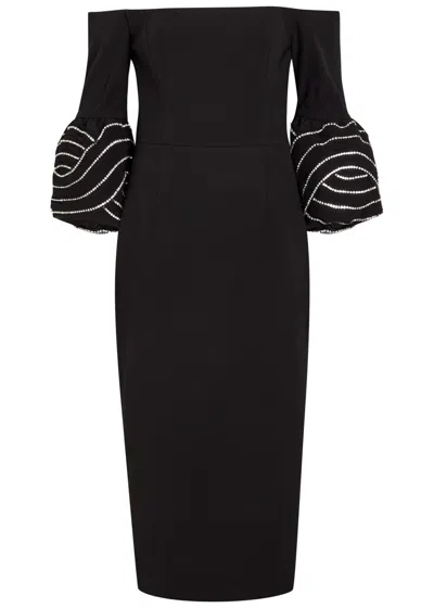 Rebecca Vallance Bellatrix Off-the-shoulder Crystal-embellished Crepe Midi Dress In Black