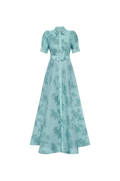 Rebecca Vallance Benette Belted Brocade Shirt Dress In Green