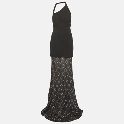 Pre-owned Rebecca Vallance Black Crepe And Chiffon Embellished One Shoulder Maxi Dress S