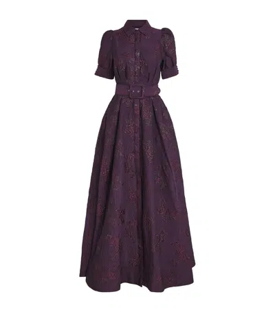 Rebecca Vallance Afina Belted Floral Brocade Gown In Purple