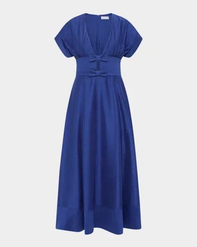 Rebecca Vallance Cera Deep V-neck Bow Midi Dress In Blue