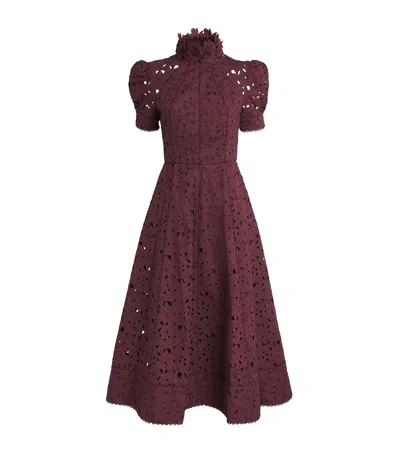Rebecca Vallance Cotton Broderie Anglaise Kitsu Midi Dress In Burgundy