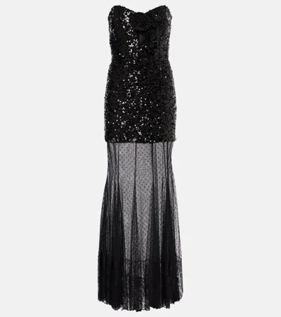 Rebecca Vallance Diana Sequined Mesh-trimmed Gown In Black