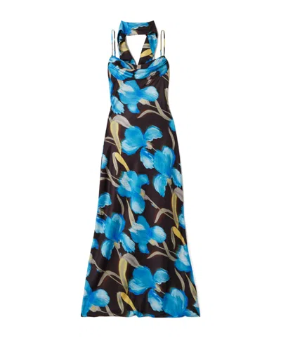 Rebecca Vallance Draped Printed Satin Gown In Blue