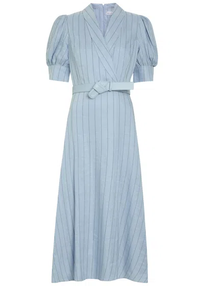 Rebecca Vallance Effie Pinstripe Belted Linen-blend Midi Dress In Blue