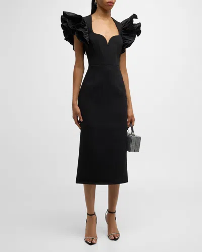 Rebecca Vallance Ella Puff-sleeve Midi Dress In Schwarz