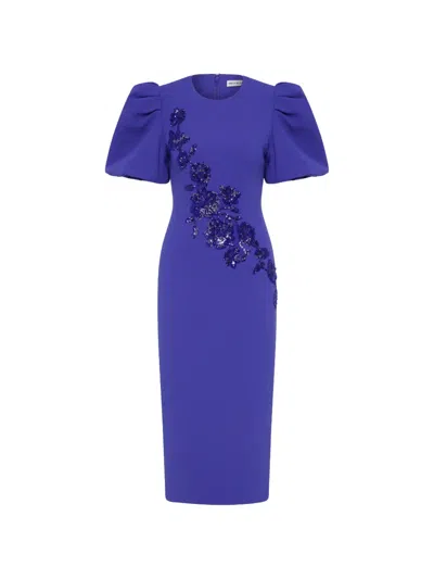 Rebecca Vallance Evolet Puff-sleeve Embellished Midi Dress In Blue