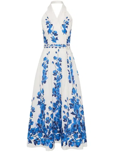 Rebecca Vallance Orchid Blues Midi Dress Blue Orchid Vines Print In White