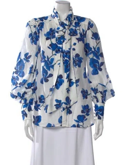 Pre-owned Rebecca Vallance Floral Print Tie Neck Blouse In Blue