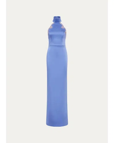 Rebecca Vallance Harlynn Diamante-trim Halter Column Gown In Blue