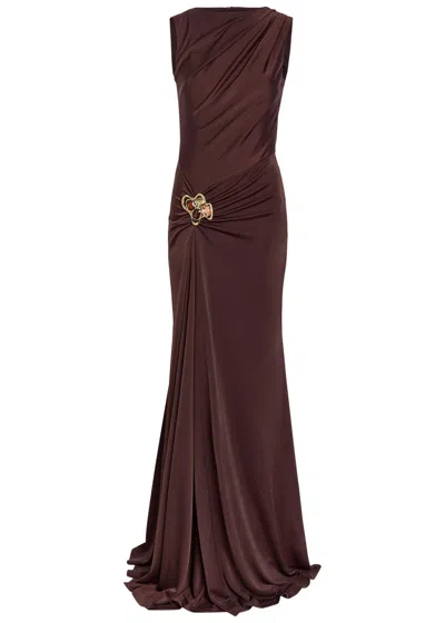 Rebecca Vallance Hazine Open-back Ruched Embellished Jersey Gown In Brown