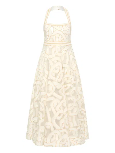 REBECCA VALLANCE IRENA HALTER-NECK EMBROIDERED-PATTERN MIDI DRESS
