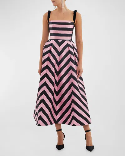 Rebecca Vallance Jocelyn Square-neck Chevron Midi Dress In Pink