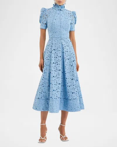 Rebecca Vallance Kitsu Eyelet Floral Cotton Midi Dress In Blue