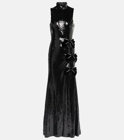 Rebecca Vallance Lena Bow-detail Sequined Gown In Black