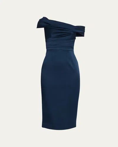Rebecca Vallance Lessa Asymmetric Draped Midi Dress In Navy