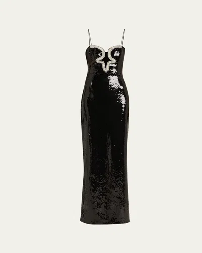 Rebecca Vallance Lyra Plunging Diamante Snake-trim Sequin Gown In Black