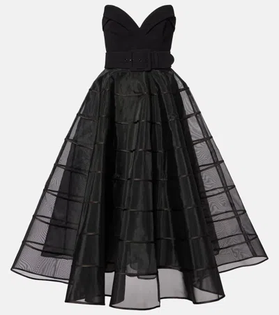 Rebecca Vallance Marcella Striped Tulle-trimmed Gown In Black