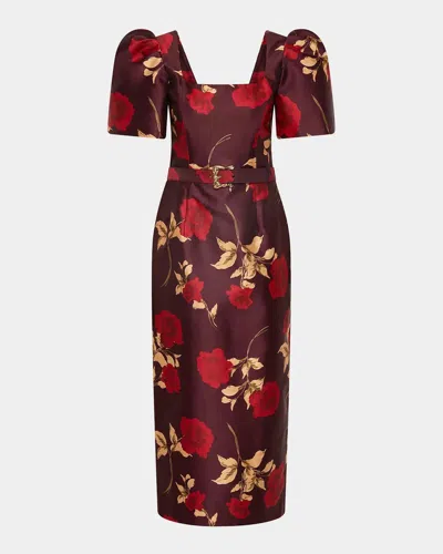 Rebecca Vallance Melora Belted Floral-print Twill Midi Dress In Burgundy