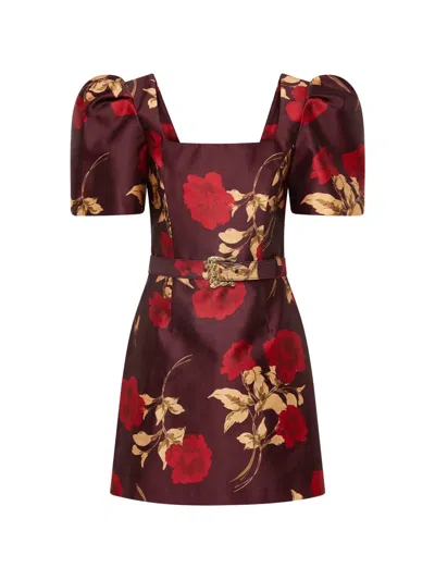 Rebecca Vallance Melora Belted Floral-print Satin-twill Mini Dress In Burgundy