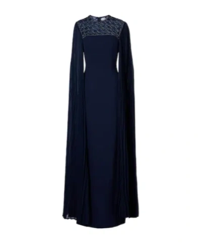 Rebecca Vallance Memphis Cape-effect Embellished Pleated Crepe Gown In Blue