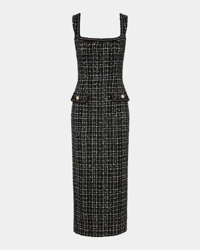 Rebecca Vallance Meringue Sequin Boucle Tweed Midi Dress In Black