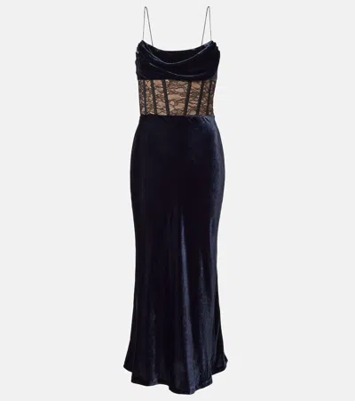 Rebecca Vallance Minerva Lace-trimmed Velvet Bustier Gown In Blue