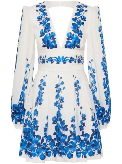 Rebecca Vallance Orchid Printed Mini V-neck Fit-and-flare Dress In White