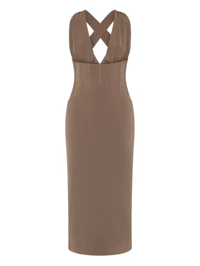 Rebecca Vallance Misha Cross-back Corset Midi Dress In Brown
