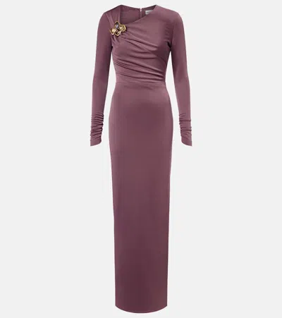 Rebecca Vallance Nala Brooch Long-sleeve Maxi Dress In Purple