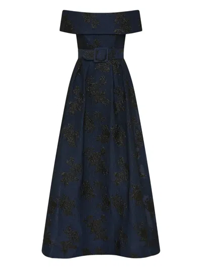 Rebecca Vallance Off-shoulder Floral-pattern Gown In Blue