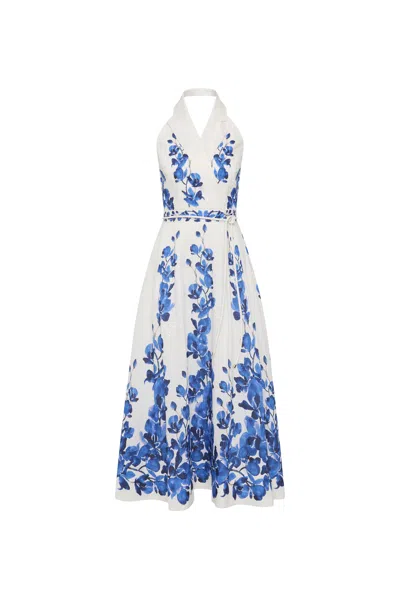 Rebecca Vallance Orchid Blues Midi Dress Blue Orchid Vines Print In White