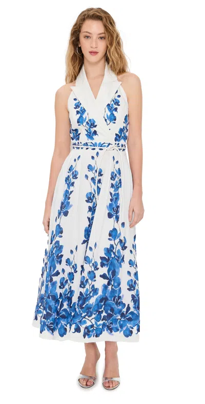 Rebecca Vallance Orchid Blues Midi Dress Blue Orchid Vines Print In White