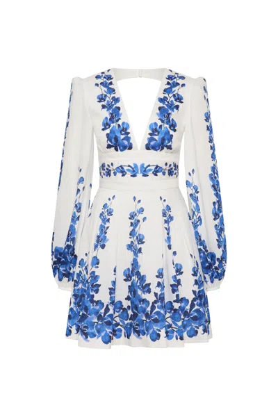 Rebecca Vallance Orchid Printed Mini V-neck Fit-and-flare Dress In White