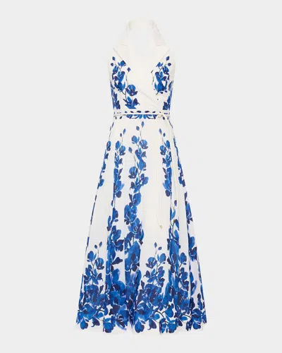 Rebecca Vallance Orchid Blues Midi Dress Blue Orchid Vines Print In White