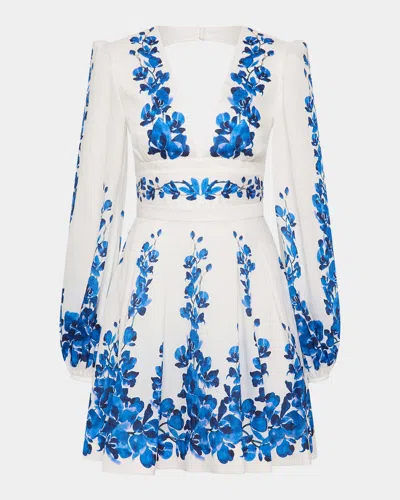 Rebecca Vallance Orchid Printed Mini V-neck Fit-and-flare Dress In White