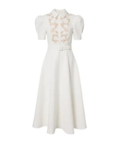 Rebecca Vallance Parrish Lace-belted Short-sleeve Midi Dress In White