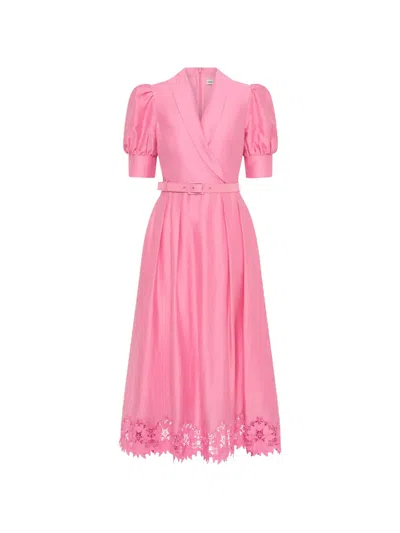 Rebecca Vallance Petalite Belted Broderie Anglaise-trimmed Poplin Midi Dress In Pink