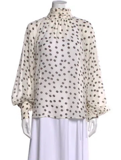 Pre-owned Rebecca Vallance Polka Dot Print Mock Neck Blouse In White