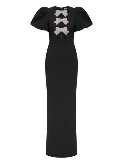 Rebecca Vallance Puff-sleeves Bow-embellished Maxi Evening Dress In Black