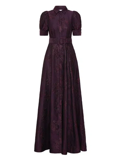 Rebecca Vallance Afina Belted Floral Brocade Gown In Purple