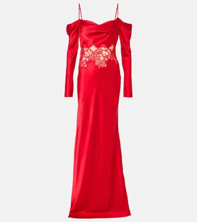 Rebecca Vallance Rubia Lace-trimmed Silk Satin Gown In Red