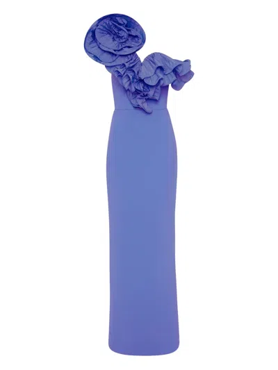 Rebecca Vallance Ruffle-detail One-shoulder Maxi Evening Dress In Blue