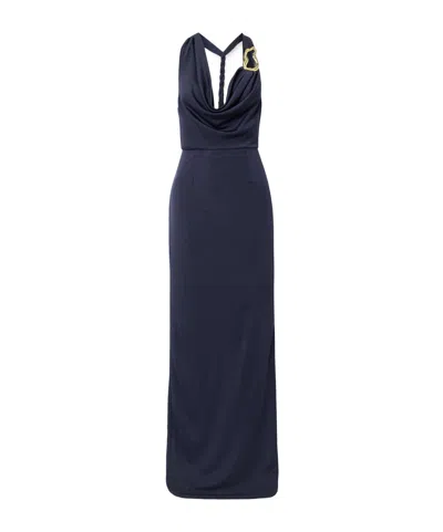 Rebecca Vallance Ayesha Draped Embellished Stretch Satin-jersey Halterneck Gown In Blue