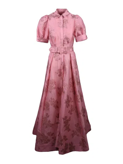 Rebecca Vallance Shirt Dress With Textured Floral Jacquard And Puff Sleeves In Pink